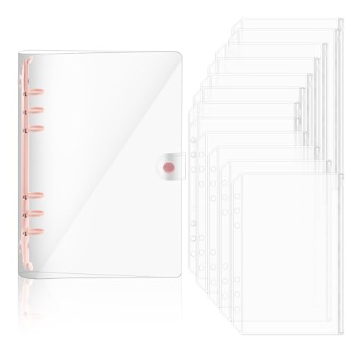 Povxlum A5 Transparentes, transparentes weiches PVC-Ringbuch mit 12 Stück A5-Notizbüchern, lose Blätter, Reißverschlusstaschen, nachfüllbares Papier, durchscheinende Ordner mit Reißverschluss von Povxlum