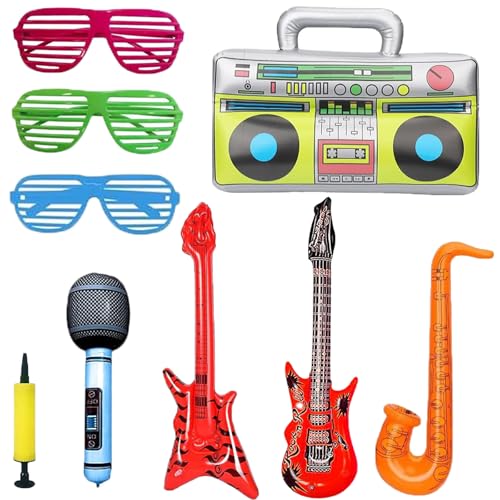 Powerruif 9 Stück Aufblasbare Instrumente Spielzeug Set, Luftgitarren Zum Aufblasen Aufblasbare Props Set Foto Requisiten Party Zubehör Tischdeko Geburtstag Karneval Silvester Deko(Farbe zufälli) von Powerruif