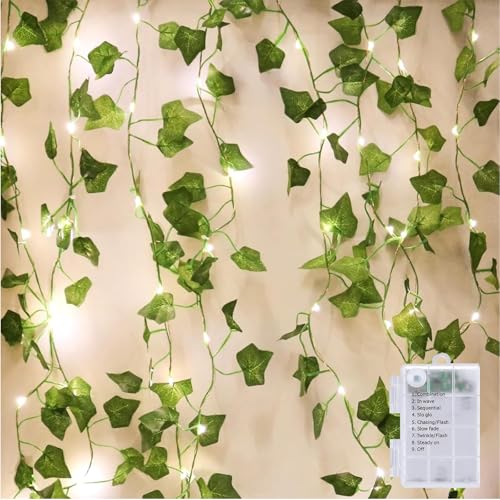Powice 5M Efeu Lichterkette,Lichterkette Efeu mit 50 LED-Licht Batterie,Efeu Girlande mit Lichterkette,Lichterkette mit Blumengirlande Hängend Pflanzen für Room Balkon Garten Terrasse von Powice