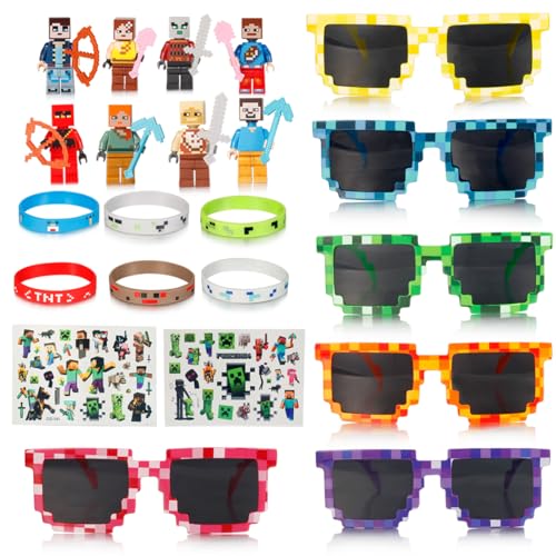 Powmag 22pcs Party Mitgebsel Geburtstag, Party favours, 8 Mini Pixel Figuren, 6 Pixel Brille, 6 Silikon Armband, 2 Aufkleber, für Kindergeburtstag Mitgebsel Spiel Geburtstag Deko von Powmag