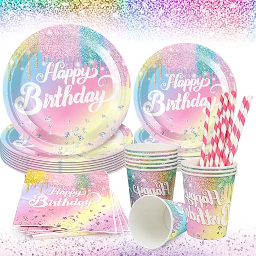 Powmag Regenbogen Deko Geburtstag Partygeschirr, 60 Stück Geburtstag Party Set Mädchen, Enthalten Kindergeburtstag Pappteller, Becher, Servietten, Stroh für 10 Gäste Powmag Regenbogen Deko Geburtstag Partygeschirr, 60 Stück Geburtstag Party Set Mädchen, Enthalten Kindergeburtstag Pappteller, Becher, Servietten, Stroh für 10 Gäste von Powmag
