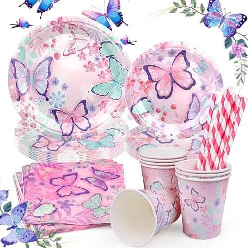 Schmetterling Deko Geburtstag Partygeschirr, 60 Stück Schmetterlinge Geburtstag Party Mädchen, Enthalten Kindergeburtstag Pappteller, Becher, Servietten, Stroh für 10 Gäste von Powmag