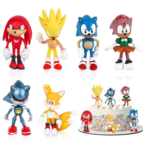 Sonic Figuren, 6 Stück Sonic Tortendeko Spielzeug, Super Sonic Geburtstag Deko, Tortenaufleger Figur Model, Kuchendeko Mini Tortenfiguren für Kinder von Powmag