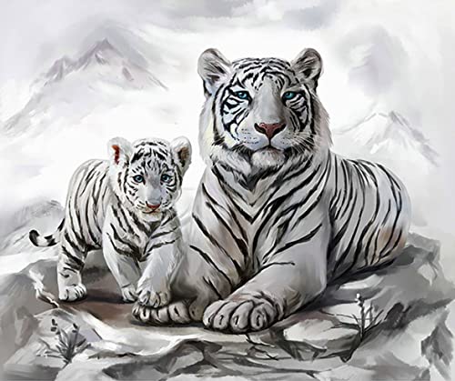 Diamond Painting Set, Bild mit Motiv weiße Tigermama mit Jungtier und Zubehör, Größe ca. 35 x 25 cm, Bastelset zum Malen mit Glitzersteinchen für Kinder ab 5 Jahren von Pracht Creatives Hobby