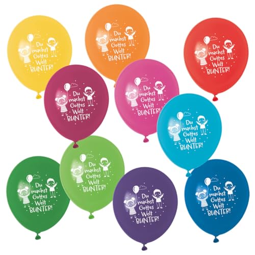 10 Stück Luftballons aus Naturkautschuk, 100% kompostierbar, in zehn kräftigen Farben, weiß bedruckt mit Kinder-Motiv: "Du machst Gottes Welt bunter" von Praisent