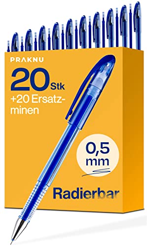 Praknu 20 Radierbarer Kugelschreiber Blau - Nachhaltiges Set mit 20 Ersatzminen - Einfach zu radieren - Feine Stiftspitze 0,5mm von Praknu