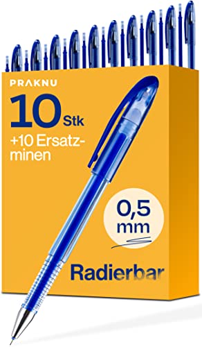 Praknu 10 Radierbarer Kugelschreiber Blau - Set mit 10 Ersatzminen - Einfach zu radieren - Feine Stiftspitze 0,5mm von Praknu