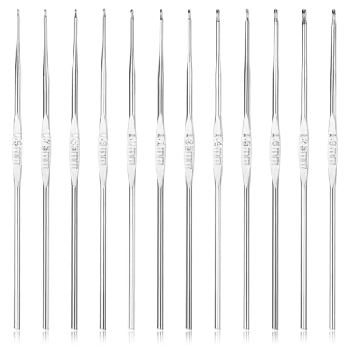 Prasacco 12 Stück Kleine Häkelnadel Set, 0,6-1,75 mm Metall Häkelnadel für Spitze und Dünnes Garn 12,2 cm Extra Lange Häkelnadeln für Anfänger und Häkelliebhaber (Silber) von Prasacco
