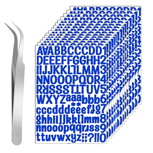 Prasacco 15 Blatt Blau Buchstaben Zahlen Aufkleber, 2,5 cm Selbstklebende Alphabet Sticker Groß- und Kleinbuchstabenaufkleber Zahlenaufkleber Symbolaufkleber mit Pinzette für DIY Scrapbooking, Basteln von Prasacco