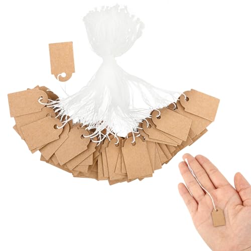 Prasacco 200 Stück Anhänger Etiketten, Preisschilder Anhänger, 2,5 x 1,5 cm Kraftpapier Preisschilder Etiketten Geschenkanhänger mit Faden Handmade Hängeetiketten Für Kleidung Schmuck Display von Prasacco