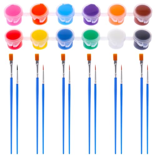 Prasacco 24 Stück Mini Acrylfarben und Pinsel Set, 12 Farben Acrylfarbe und 12 Nylon Malpinsel (6 Flacher Pinsel + 6 Runder Pinsel) Waschbaren Malwerkzeugset für Kindermalerei, Künstlermalerei von Prasacco