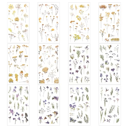 Prasacco 320 Stück/12 Blatt Blumen Scrapbooking Aufkleber, Wasserfester Blumenaufkleber aus PET Selbstklebende Bunte Flower Stickers für DIY Scrapbooking, Fotoalben, Basteln (Rapsblüten + Lris) von Prasacco