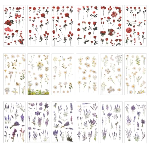 Prasacco 370 Stück/18 Blatt Blumen Scrapbooking Aufkleber, Wasserfester Blumenaufkleber aus PET Selbstklebende Vintage Flower Stickers für DIY Scrapbooking, Basteln (Rose + Gänseblümchen + Lavendel) Prasacco 370 Stück/18 Blatt Blumen Scrapbooking Aufkleber, Wasserfester Blumenaufkleber aus PET Selbstklebende Vintage Flower Stickers für DIY Scrapbooking, Basteln (Rose + Gänseblümchen + Lavendel) von Prasacco
