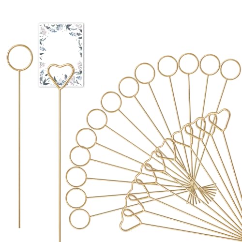 Prasacco 40 Stück Blumen Tischkartenhalter, 20 Herzform Kartenhalter und 20 Runder Kartenhalter 29,5 cm Metall Fotohalter Tischnummernhalter Memohalter für Hochzeiten, Bankette, Geschenke (Gold) von Prasacco