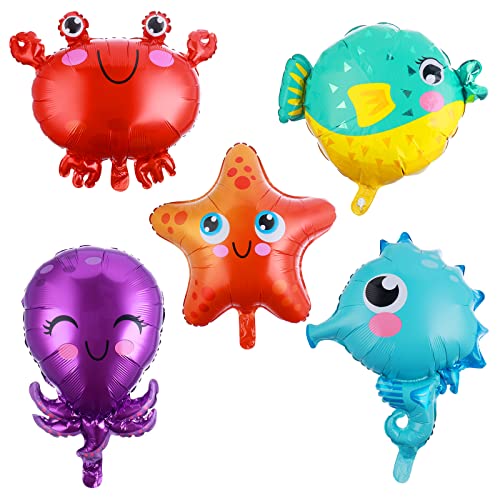 Prasacco 5 Stück Meerestiere Folienballons, Ozean Geburtstag Party Dekoration Krabbe Seestern Seepferdchen Kugelfisch Oktopus Ballon für Kinder Geschenk Geburtstag Jubiläum Ozean Thema Party von Prasacco