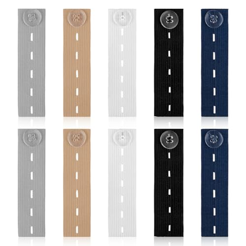 Prasacco 10 Stück Hosenbunderweiterung, Elastische Knopfverlängerung 5 Farben Taillenverlängerungen Einstellbar Knopfverlängerung für Jeans, Hosen, Umstandshose (9,2 x 2,6cm) von Prasacco