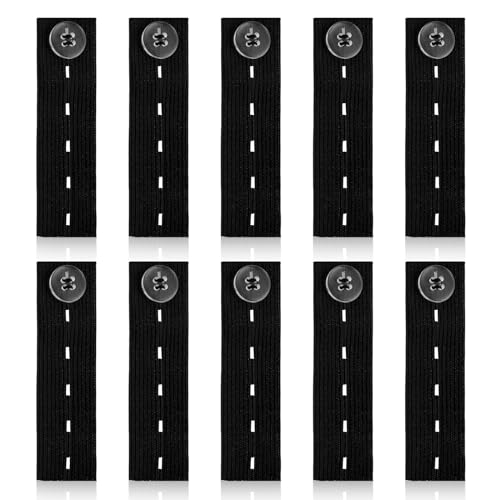 Prasacco 10 Stück Hosenbunderweiterung, Elastische Knopfverlängerung Schwarzer Taillenverlängerungen Einstellbar Knopfverlängerung für Jeans, Hosen, Umstandshose (9,2 x 2,6cm) von Prasacco