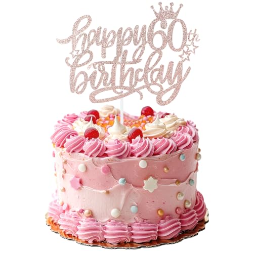 Prasacco Happy 60th Birthday Cake Topper Roségold Glitzer - Tortendeko für 60. Geburtstag Party - Kuchen Deko für 60 Jahre Alte Männer und Frauen (1 Stück) von Prasacco
