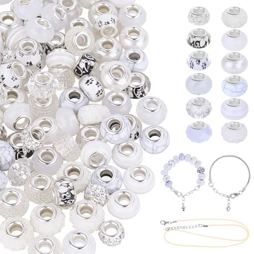 120 Stück einfarbige europäische Perlen mit großem Loch für Schmuckherstellung, Armbänder, Stifte – 12 Stile, Muranoglas, Lampwork-Abstandshalter, Weiß, 10 Stück pro Stil 120 Stück einfarbige europäische Perlen mit großem Loch für Schmuckherstellung, Armbänder, Stifte – 12 Stile, Muranoglas, Lampwork-Abstandshalter, Weiß, 10 Stück pro Stil von Prdingfy