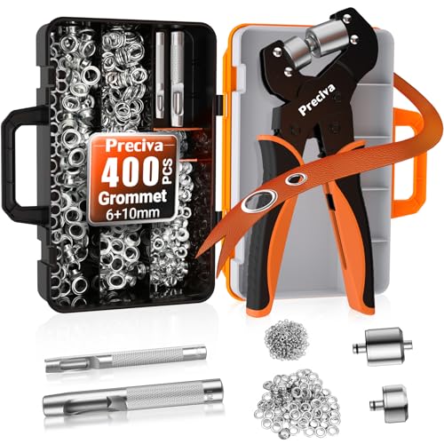 Preciva Ösenzange Austauschbar Zangekopf Ösenpresse mit Aufbewahrungsbox und 400 Ösen (200pcs Ø6mm und 200pcs Ø10mm) für PVC-Banner, Planen, Karton von Preciva
