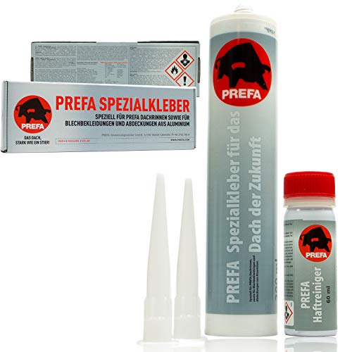Prefa - Spezialkleberset für Dachrinnen-Verbindungen - Profi Klebeset aus: 1 Kartusche Spezialkleber 290 ml, 1 Dose Haftreiniger 60 ml, 1 Schleifpapier, 1 Reinigungstuch und 2 Adapterdüsen Prefa - Spezialkleberset für Dachrinnen-Verbindungen - Profi Klebeset aus: 1 Kartusche Spezialkleber 290 ml, 1 Dose Haftreiniger 60 ml, 1 Schleifpapier, 1 Reinigungstuch und 2 Adapterdüsen von Prefa