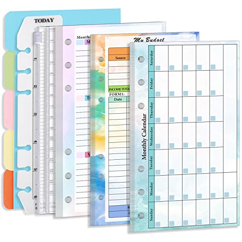 A6 Budget Planner Nachfüllset, Prefdo 82 Blatt Wochenplaner Monatskalender Einlagen 6 Loch Budget Planner mit Bindertasche, Papierteiler, Lineal, Index Tabs (Set 1) von Prefdo