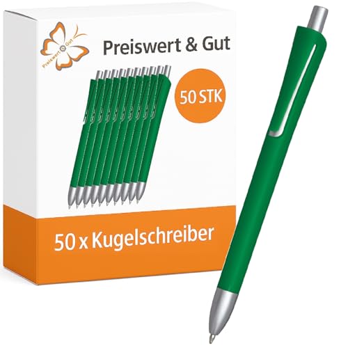 Preiswert&Gut 50 x Kugelschreiber 14,2cm Set - Farbe Grün - Kulis schwarzschreibend - Kunststoff - Druckmechanismus, silber-matten Applikationen - Schreiblänge ca. 800-1000m Preiswert&Gut 50 x Kugelschreiber 14,2cm Set - Farbe Grün - Kulis schwarzschreibend - Kunststoff - Druckmechanismus, silber-matten Applikationen - Schreiblänge ca. 800-1000m von Preiswert & Gut