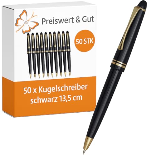 Preiswert&Gut 50 x Kugelschreiber in Schwarz-Gold, 13,5 cm, mit Großraummine blauschreibend, eleganter goldglänzender Clip – Perfekt für Büro, Schule und als stilvolle Werbegeschenke von Preiswert&Gut