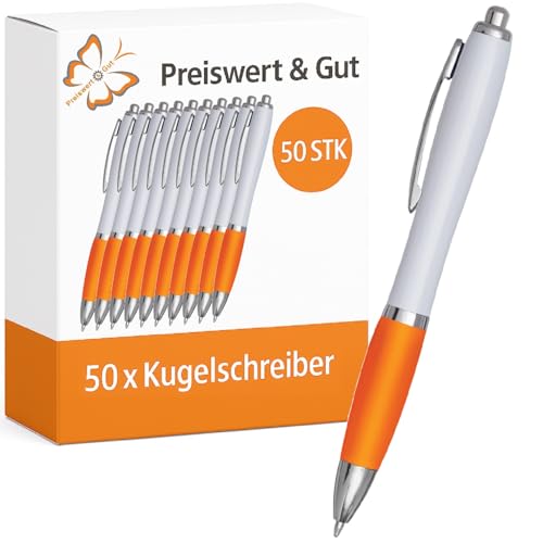 Preiswert&Gut 50 x Kugelschreiber orange/weiß 14 cm Set - Kulis blauschreibend - Großraummine - Druckmechanismus - Material Kunststoff/Stahl - ergonomischer Griffzone von Preiswert & Gut