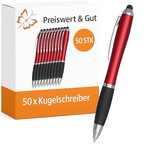 Preiswert&Gut 50 x Kugelschreiber rot 13,5 cm Set - taillierte Schaftform - Kulis blauschreibend - Touchscreen-Spitze - Drehmechanismus - Kunststoff/Stahl - gummierter Griffzone Preiswert&Gut 50 x Kugelschreiber rot 13,5 cm Set - taillierte Schaftform - Kulis blauschreibend - Touchscreen-Spitze - Drehmechanismus - Kunststoff/Stahl - gummierter Griffzone von Preiswert & Gut