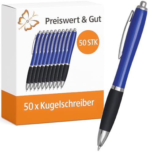 Preiswert&Gut 50 x Kugelschreiber schwarz/blau 14 cm Set - Kulis blauschreibend - Druckmechanismus - Material Kunststoff/Stahl - Großraummine - ergonomischer Griffzone von Preiswert & Gut
