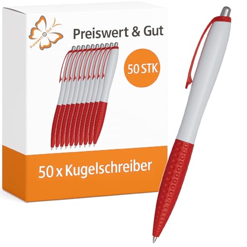 Preiswert&Gut 50 x Kugelschreiber weiß/rot 14 cm Set - Kulis schwarzschreibend - Material Kunststoff - Druckmechanismus - ergonomische Griffzone Preiswert&Gut 50 x Kugelschreiber weiß/rot 14 cm Set - Kulis schwarzschreibend - Material Kunststoff - Druckmechanismus - ergonomische Griffzone von Preiswert & Gut
