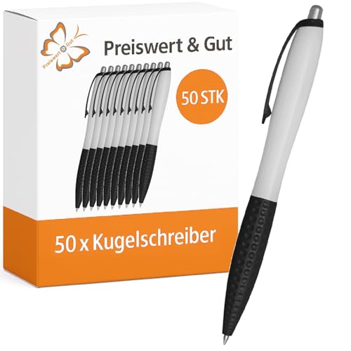 Preiswert&Gut 50 x Kugelschreiber weiß/schwarz 14 cm Set - Kulis - Druckmechanismus - Material Kunststoff - ergonomischer Griffzone - schwarzschreibend Preiswert&Gut 50 x Kugelschreiber weiß/schwarz 14 cm Set - Kulis - Druckmechanismus - Material Kunststoff - ergonomischer Griffzone - schwarzschreibend von Preiswert & Gut
