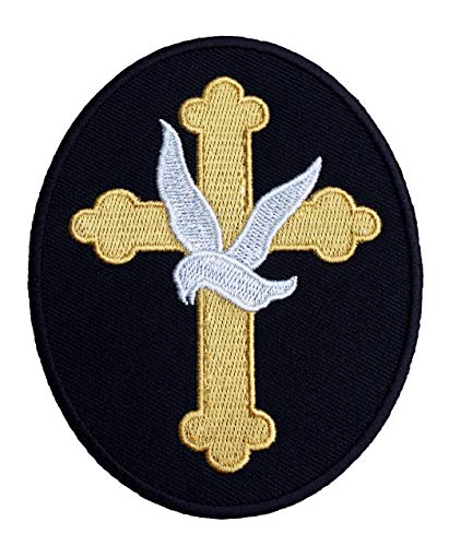 Christian Gold Cross Patch 3.5 Inch Embroidered Iron/Sew on Badge White Dove Peace Symbol Applique by Premier Patches von Premier Patches