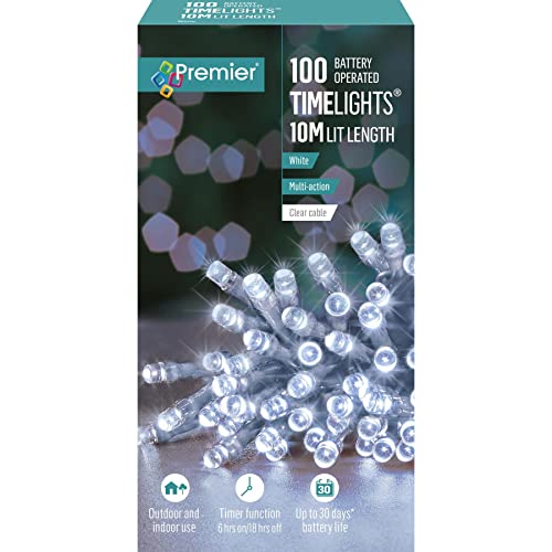 Premier 100 Timelights Batteriebetriebene 10 m klare Kabel Multi-Action-Lichterkette außen – Weiß von Premier