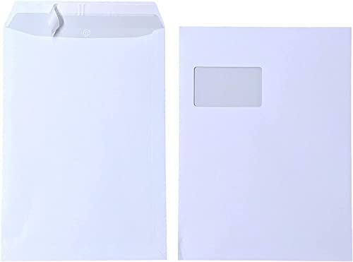 30x Versandtaschen C4 A4 weiß mit Fenster, selbstklebend mit Abziehstreifen, mit grauen Innendruck, Maße 229 x 324 mm Umschläge Kuvert von Premingo