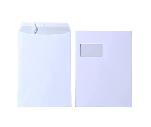 50x Versandtaschen C4 A4 weiß mit Fenster, selbstklebend mit Abziehstreifen, mit grauen Innendruck, 120 g/qm, Maße 229 x 324 mm Umschläge Kuverts, 50er Packung von Premingo