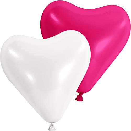 Premioloon | 100 Herzballons XL - Ø 30cm - Für Helium & Ballonflugkarten geeignet - Pink & Weiß | + Das Ballonbuch von Premioloon