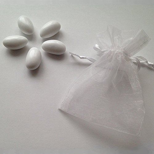 Hochzeitsmandeln weiß glänzend 1 kg zus. 60 Organzasäckchen gratis -Angebot- Gastgeschenk Hochzeit Bonboniere Give Away Zuckermandeln - Koufeta italienische Confetti Dragees, Organzabeutel Farbe: weiß von Premium Weddings