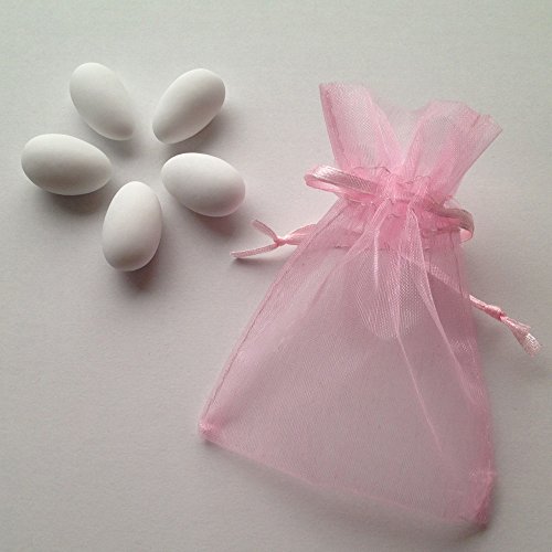Hochzeitsmandeln weiß matt 1 kg & 60 Organzabeutel gratis - Gastgeschenk Hochzeit Bonboniere Zuckermandeln griechische Koufeta italienische Confetti französische Dragees, Organzasäckchen Farbe:rosa von Premium Weddings