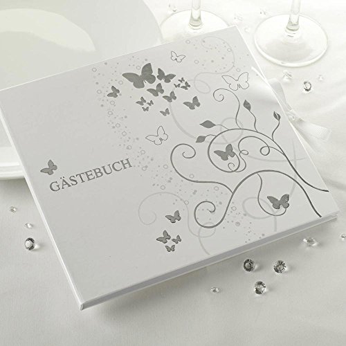 Premium Weddings Gästebuch Hochzeit Schmetterlinge weiß/Silber 22 x 19 cm - Hochzeitsgästebuch Hochzeitsalbum Fotoalbum Hochzeit Schmetterlinge weiß/Silber von Premium Weddings