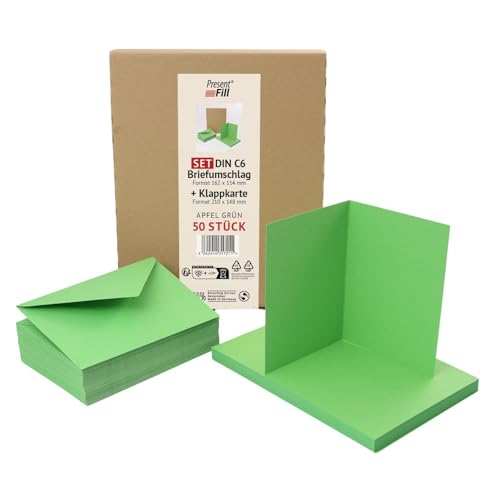 PresentFill® 50er Set blanko Falt-Karten inkl. Briefumschläge ohne Fenster Apfel Grün I Klappkarten DIN A6 I Umschläge C6 I Made in Germany I 100% Recycling Kraftpapier I Blauer Engel zertifiziert von Present Fill