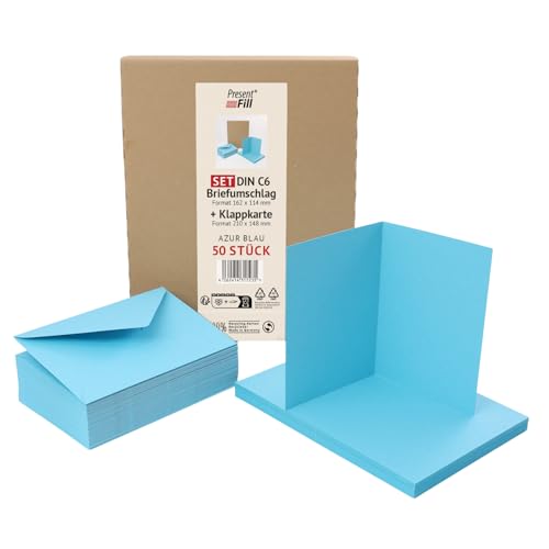 PresentFill® 50er Set blanko Falt-Karten inkl. Briefumschläge ohne Fenster Azur Blau I Klappkarten DIN A6 I Umschläge C6 I Made in Germany I 100% Recycling Kraftpapier I Blauer Engel zertifiziert von Present Fill