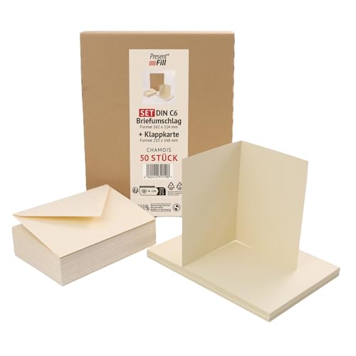 PresentFill® 50er Set blanko Falt-Karten inkl. Briefumschläge ohne Fenster Beige Creme I Klappkarten DIN A6 I Umschläge C6 I Made in Germany I 100% Recycling Kraftpapier I Blauer Engel zertifiziert von Present Fill