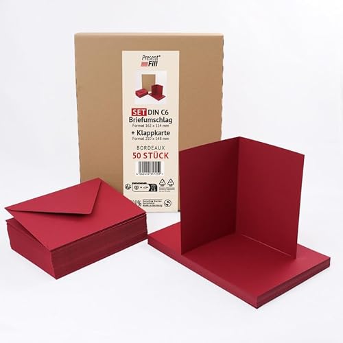 PresentFill® 50er Set blanko Falt-Karten inkl. Briefumschläge ohne Fenster Bordeaux I Klappkarten DIN A6 I Umschläge C6 I Made in Germany I 100% Recycling Kraftpapier I Blauer Engel zertifiziert von Present Fill