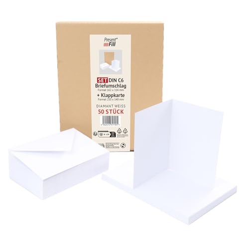 PresentFill® 50er Set blanko Falt-Karten inkl. Briefumschläge ohne Fenster Diamant Weiß I Klappkarten DIN A6 I Umschläge C6 I Made in Germany I 100% Recycling Kraftpapier I Blauer Engel zertifiziert von Present Fill