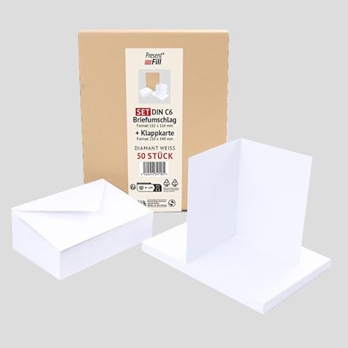 PresentFill® 50er Set blanko Falt-Karten inkl. Briefumschläge ohne Fenster Diamant Weiß I Klappkarten DIN A6 I Umschläge C6 I Made in Germany I 100% Recycling Kraftpapier I Blauer Engel zertifiziert von Present Fill
