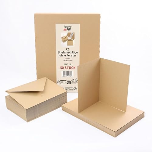PresentFill® 50er Set blanko Falt-Karten inkl. Briefumschläge ohne Fenster Natur I Klappkarten DIN A6 I Umschläge C6 I Made in Germany I 100% Recycling Kraftpapier I Blauer Engel zertifiziert von Present Fill