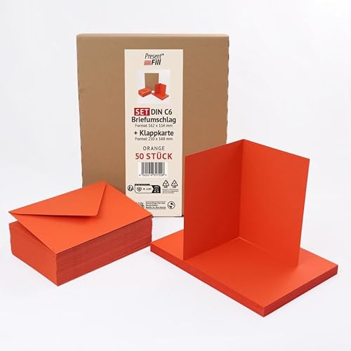 PresentFill® 50er Set blanko Falt-Karten inkl. Briefumschläge ohne Fenster Orange I Klappkarten DIN A6 I Umschläge C6 I Made in Germany I 100% Recycling Kraftpapier I Blauer Engel zertifiziert von Present Fill