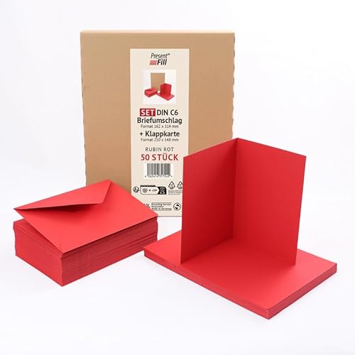 PresentFill® 50er Set blanko Falt-Karten inkl. Briefumschläge ohne Fenster Rubin Rot I Klappkarten DIN A6 I Umschläge C6 I Made in Germany I 100% Recycling Kraftpapier I Blauer Engel zertifiziert von Present Fill